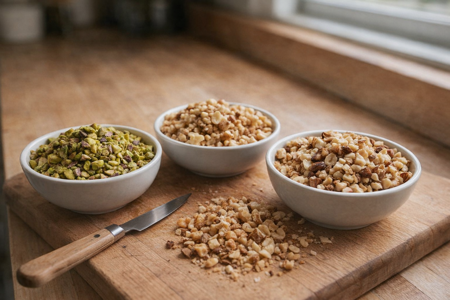 A close-up shot of chopped pistachios, walnuts, and hazelnuts in separate bowls, arranged on a wooden cutting board with a small knife. Natural light, slightly shallow depth of field.
